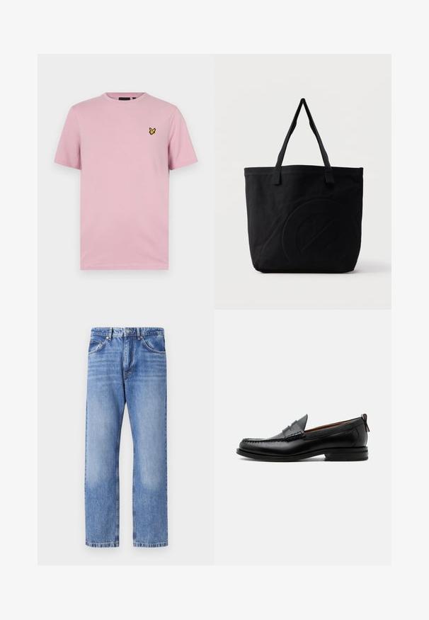 Lyserød t-shirt med korte ærmer lavet af blødt stof, med et lille gult sommerfuglelogo broderet på venstre bryst.; Lyseblå denimjeans med lige ben, fem lommer, kontrasttråd og en let slidt finish. Knap- og lynlåslukning.; Sort læder herre loafer med moc-tå syning, penny strop, struktureret krave og lav stablet hæl på hvid baggrund.; Sort canvas-tote-taske med to skulderstropper og et diskret præget cirkeldesign på fronten.
