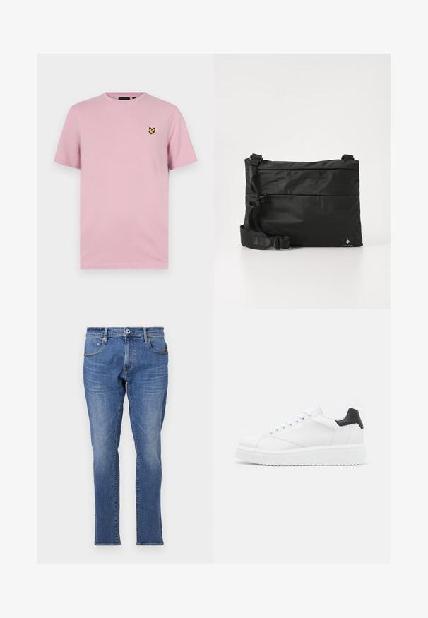 Lyserød t-shirt med korte ærmer lavet af blødt stof, med et lille gult sommerfuglelogo broderet på venstre bryst.; Blå denimjeans med et klassisk straight-leg design, fem-lomme stil og orange syninger. Stoffet er tekstureret og holdbart.; Hvide lædersneakers med en sort hælflap, flade snørebånd, struktureret mellemsål og branding på ydersiden. Designet til afslappet brug.; Sort nylon messenger-taske med justerbar rem, fladt design og et sideetiket med et logo. Glat tekstur og minimalistisk stil.