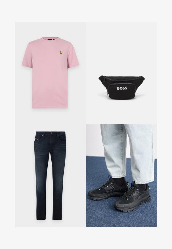 Rosa T-Shirt mit kurzen Ärmeln aus weichem Stoff, mit einem kleinen gelben Schmetterlingslogo, das auf der linken Brust gestickt ist.; Dunkelblaue Jeans aus Denim mit schlanker Passform, ausgestattet mit fünf Taschen, subtilen Verblassungen und einem Metallknopfverschluss am Bund.; Schwarze Sportschuhe aus strukturiertem Stoff mit Gummisohlen, ausgestattet mit elastischen Schnürsenkeln und einem blauen Akzent an der Ferse. Getragen mit hellen Jeans.; Schwarze Stoff-Gürteltasche mit einem vorderen Reißverschlussfach, großem Hauptfach und weißem "BOSS"-Logo auf der Vorderseite. Glatte Textur, strukturierte Form.