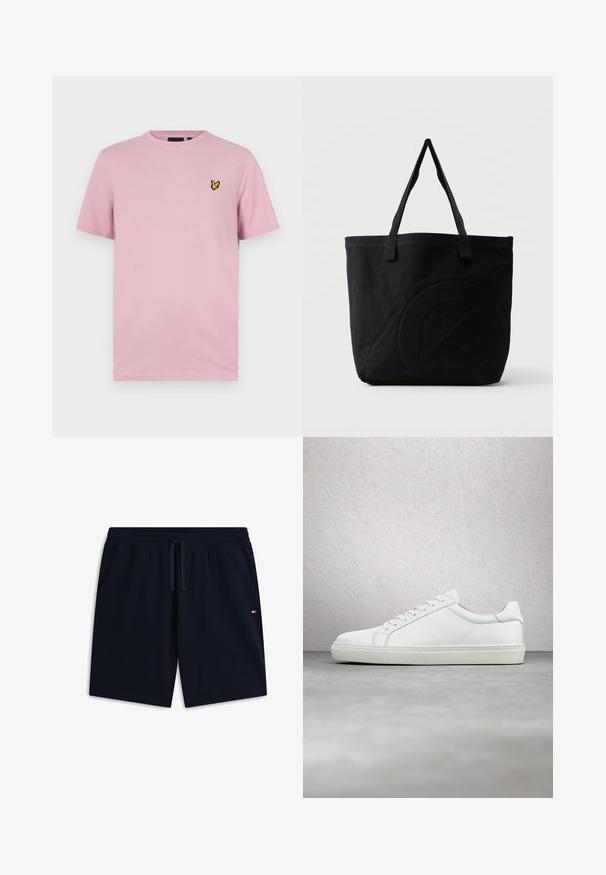 T-shirt rose à manches courtes en tissu doux, avec un petit logo de papillon jaune brodé sur la poitrine gauche.; Shorts décontractés bleu marine avec ceinture élastique et cordon, poches latérales et petit logo drapeau sur la poche droite.; Sneaker blanche avec une tige en cuir lisse et un profil bas. Présente un bout arrondi, six œillets et une semelle en caoutchouc texturé.; Sac fourre-tout en toile noire avec deux bandoulières et un motif circulaire discret en relief sur le devant.
