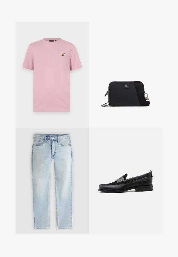 Lyserød t-shirt med korte ærmer lavet af blødt stof, med et lille gult sommerfuglelogo broderet på venstre bryst.; Lyseblå jeans med lige ben, frontlås med knap og lynlås, lommer foran og bagpå samt synlige sømdetaljer.; Sort læderloafer med grå remdetalje, lav hæl og tekstureret sål, mærket med "HUGO" i guld på siden.; Sort rektangulær taske lavet af tekstureret materiale, med lynlås lukning, justerbar rem og en logo-patch på fronten.