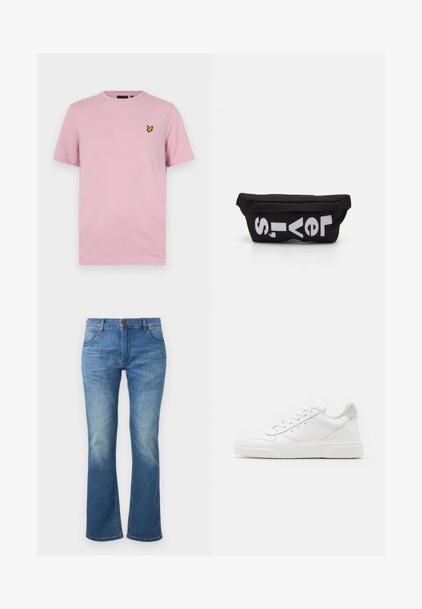 Rosa T-Shirt mit kurzen Ärmeln aus weichem Stoff, mit einem kleinen gelben Schmetterlingslogo, das auf der linken Brust gestickt ist.; Blaue Jeans aus Denim mit leicht ausgestelltem Bein, vorderem Knopf- und Reißverschluss sowie Verblassungen an Oberschenkeln und Knien.; Weiße Leder-Sneaker mit glatter Oberfläche, rundem Zehenbereich, flachen Schnürsenkeln und strukturiertem Schuhsohlen. Graues Wildleder-Detail an der Ferse.; Schwarze Stofftasche mit flacher Form, mit fettgedrucktem weißen Text. Der Reißverschluss befindet sich oben, mit einer Schlaufe an einer Seite.