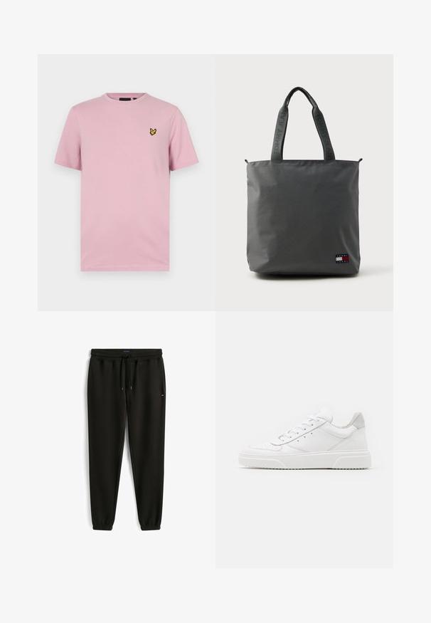 Rosa T-Shirt mit kurzen Ärmeln aus weichem Stoff, mit einem kleinen gelben Schmetterlingslogo, das auf der linken Brust gestickt ist.; Schwarze Jogginghosen mit elastischem Bund, Kordelzug, Seitentaschen und elastischen Bündchen, mit kleinem Logo auf der rechten Taschenpartie.; Weiße Leder-Sneaker mit glatter Oberfläche, rundem Zehenbereich, flachen Schnürsenkeln und strukturiertem Schuhsohlen. Graues Wildleder-Detail an der Ferse.; Graue Stofftasche mit langen Griffen und "TOMMY JEANS"-Markenaufdruck. Reißverschluss und ein kleines Logoschild auf der Vorderseite.