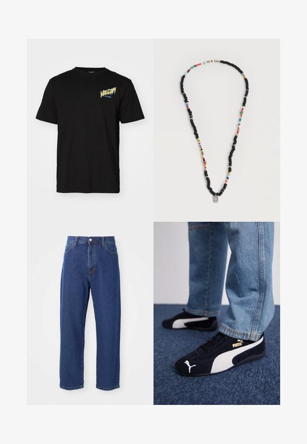 Black cotton t-shirt with short sleeves, round neckline, features a graphic print in blue and yellow on the left chest.; High-waisted blue jeans made of denim, featuring a straight leg silhouette, visible stitching, and a front button closure.; Black suede sneakers with white accents, featuring a gold logo. Worn with light blue denim jeans and set on a textured blue surface.; Necklace with alternating black and multicolored beads, featuring small silver rings and a rectangular clear bead pendant.