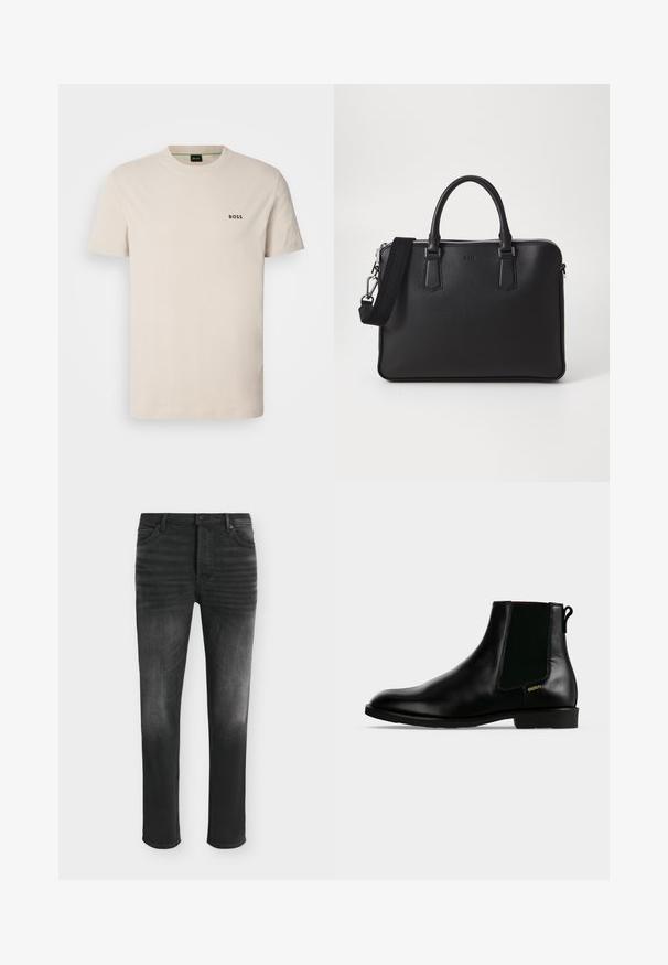 T-shirt en coton beige avec un col rond et des manches courtes. Présente un petit logo noir "BOSS" sur la poitrine gauche. Texture lisse.; Jean skinny noir avec des détails délavés, style cinq poches et fermeture par bouton à la taille.; Bottine en cuir noir avec panneau latéral élastique, talon bas, languette à l'arrière et petit logo doré "HUGO" sur le côté extérieur.; Sac en cuir noir avec surface texturée, deux poignées et une bandoulière amovible. Il présente des fermetures éclair en argent et des éléments de design minimalistes.