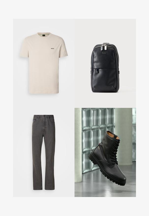 T-shirt en coton beige avec un col rond et des manches courtes. Présente un petit logo noir "BOSS" sur la poitrine gauche. Texture lisse.; Jeans en denim gris avec une coupe droite, dotés de poches avant, d'une fermeture à bouton et d'une texture subtile.; Botte de combat en cuir noir à lacets avec semelle épaisse, logo doré "HUGO" sur le côté, exposée dans un cadre intérieur moderne avec un mur en blocs de verre en arrière-plan.; Sac à dos compact en cuir noir avec surface texturée, fermetures éclair argentées et logos de marque discrets sur les poches avant, sur un fond clair uni.