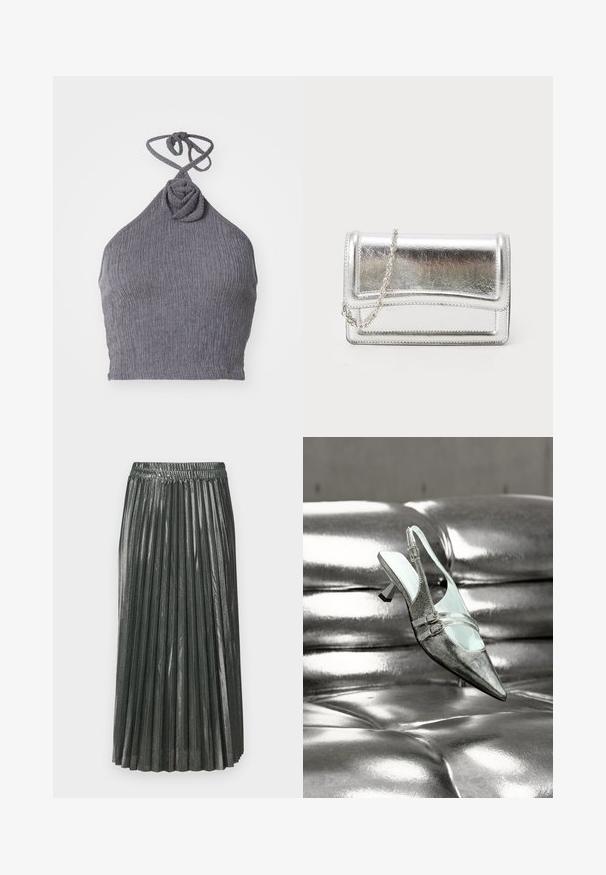 Šedý halter top s textúrovanou, brázdenou tkaninou. Má skrútený uzol na výstrihu a uväzovanie na chrbte pre nastaviteľné prispôsobenie.; Metalická zelená plisovaná sukňa s elastickým pásom. Obsahuje úzke, vertikálne plisovanie a strednú dĺžku, čím vytvára štruktúrovanú siluetu.; Strieborná sandála na vysokom opätku so zadným pásikom a dvoma prackami, ležiaca na lesklom, prešívanom striebornom koženom povrchu.; Strieborná metalická kabelka na zápästie s hladkým povrchom, klopovým uzáverom a reťazovým popruhom. Má štruktúrovaný obdĺžnikový dizajn a prešívané detaily.