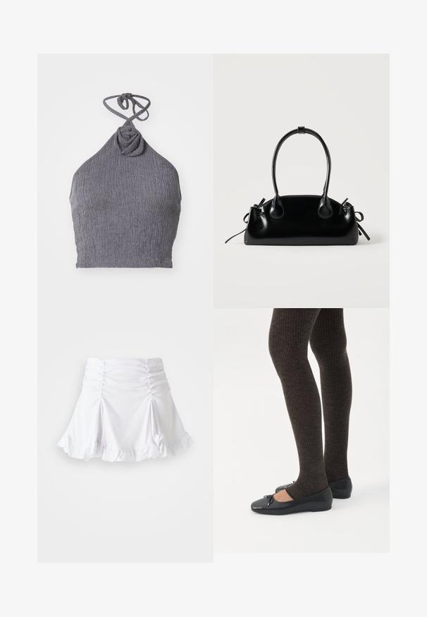 Šedý halter top s textúrovanou, brázdenou tkaninou. Má skrútený uzol na výstrihu a uväzovanie na chrbte pre nastaviteľné prispôsobenie.; Biela sukňa vyrobená z textúrovanej látky s riasením a volánovým lemom. Má rozšírený strih s priliehavým pásom.; Nohy v tmavých pásikavých legínach v kombinácii s čiernymi balerínkami s malými mašličkami na bielom pozadí.; Malá čierna lesklá kabelka s dvoma dlhými rúčkami a bočnými šnúrkovými detailmi na jednoduchom svetlom pozadí.