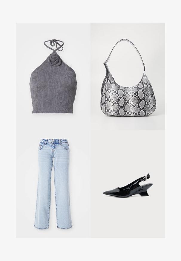 Šedý halter top s textúrovanou, brázdenou tkaninou. Má skrútený uzol na výstrihu a uväzovanie na chrbte pre nastaviteľné prispôsobenie.; Svetlomodré džínsy s uvoľneným strihom, rovnými nohavicami a jemným vyblednutím. Obsahujú päť vreciek a pútka na opasok. Zatrhnutý okraj.; Čierna lakovaná slingback topánka so špicatou špičkou a nízkym šikmým blokovým opätkom na jednoduchom svetlom pozadí.; Mäkká čierna a biela taška cez rameno s hadím vzorom zaobleného tvaru, hladkou textúrou a zakriveným popruhom. Obsahuje akcenty zo strieborného kovu.