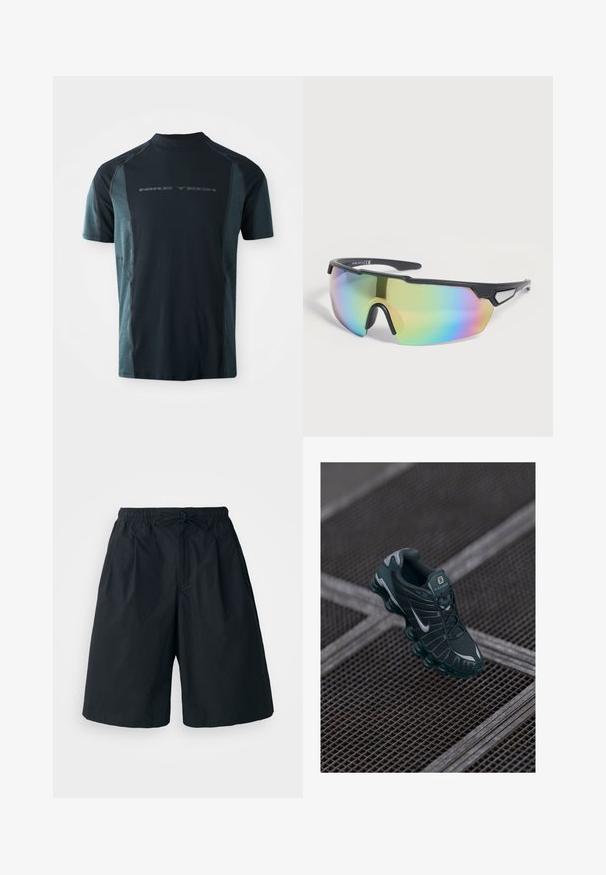 Camiseta Nike Tech de manga corta, con un cuerpo en azul marino oscuro y paneles laterales en teal claro, y un cuello alto. Logo impreso en la parte delantera.; Pantalones cortos negros con cintura elástica y cordón ajustable. Hechos de una tela suave, con un corte holgado y sin patrones visibles.; Zapatilla Nike Shox de color verde oscuro con parte superior de malla, acentos de goma y suela acolchada distintiva. Logo de Nike en plata en el lateral. Detalles texturizados visibles.; Gafas de sol deportivas con montura negra, lente único grande con tinte arcoíris y patillas ventiladas apoyadas sobre una superficie clara.