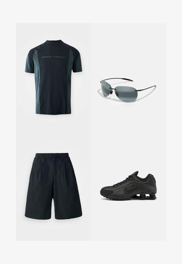 Camiseta Nike Tech de manga corta, con un cuerpo en azul marino oscuro y paneles laterales en teal claro, y un cuello alto. Logo impreso en la parte delantera.; Pantalones cortos negros con cintura elástica y cordón ajustable. Hechos de una tela suave, con un corte holgado y sin patrones visibles.; Zapatillas de running negras con un upper sintético liso, detalles perforados, paneles laterales texturizados y una suela distintiva y elástica.; Gafas de sol con lentes tintados en gris oscuro, montura delgada de metal negro y diseño elegante. Presentan lentes curvados y almohadillas nasales ajustables.