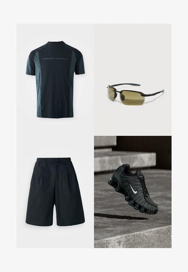 Kurzärmliges Nike Tech-Shirt mit einem dunkelblauen Körper, hellblauen seitlichen Einsätzen und einem hohen Kragen. Logo auf der Vorderseite gedruckt.; Schwarze Shorts mit elastischem Bund und verstellbarem Kordelzug. Aus einem glatten Stoff gefertigt, mit lockerer Passform und ohne sichtbare Muster.; Nike Sportschuh in Dunkelgrün, mit einer glatten synthetischen Oberseite, Mesh-Struktur, schwarzen Schnürsenkeln und einer glänzenden Sohle mit Luftpolsterung.; Schwarze Sonnenbrille mit ovalen grünen Gläsern, schlankem mattem Rahmen und gummierten Bügelenden für zusätzlichen Komfort. Minimalistisches Design ohne sichtbare Markenkennzeichnung.