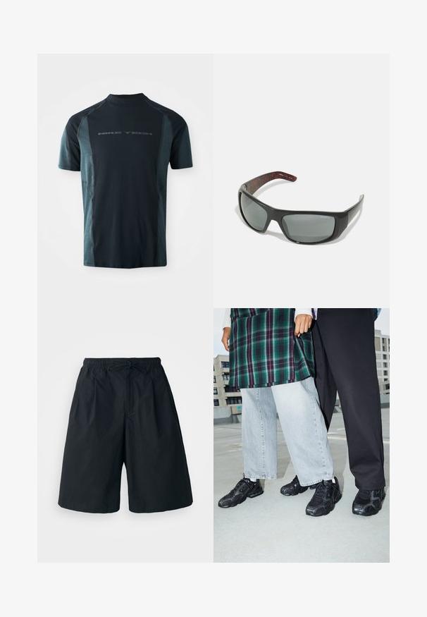 Camiseta Nike Tech de manga corta, con un cuerpo en azul marino oscuro y paneles laterales en teal claro, y un cuello alto. Logo impreso en la parte delantera.; Pantalones cortos negros con cintura elástica y cordón ajustable. Hechos de una tela suave, con un corte holgado y sin patrones visibles.; Zapatillas deportivas negras con acentos de malla y goma. Combinadas con jeans de pierna ancha de color gris claro y una blusa de cuadros verdes. Fondo de superficie plana.; Arnette HOT SHOT - Gafas de sol - dark grey