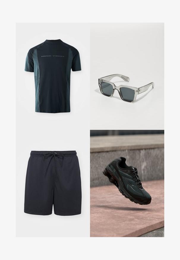 Camiseta Nike Tech de manga corta, con un cuerpo en azul marino oscuro y paneles laterales en teal claro, y un cuello alto. Logo impreso en la parte delantera.; Pantalones cortos deportivos negros hechos de una tela texturizada y transpirable; presentan una cinturilla elástica con cordón para un ajuste ajustable.; Zapatilla deportiva negra con entresuela visible con amortiguación de aire que flota sobre una superficie de piedra rosa con un fondo de pared de piedra gris.; Gafas de sol sobredimensionadas y claras con lentes oscuros, que presentan un marco rectangular grueso y acentos texturizados en las patillas. Fabricadas de plástico transparente.