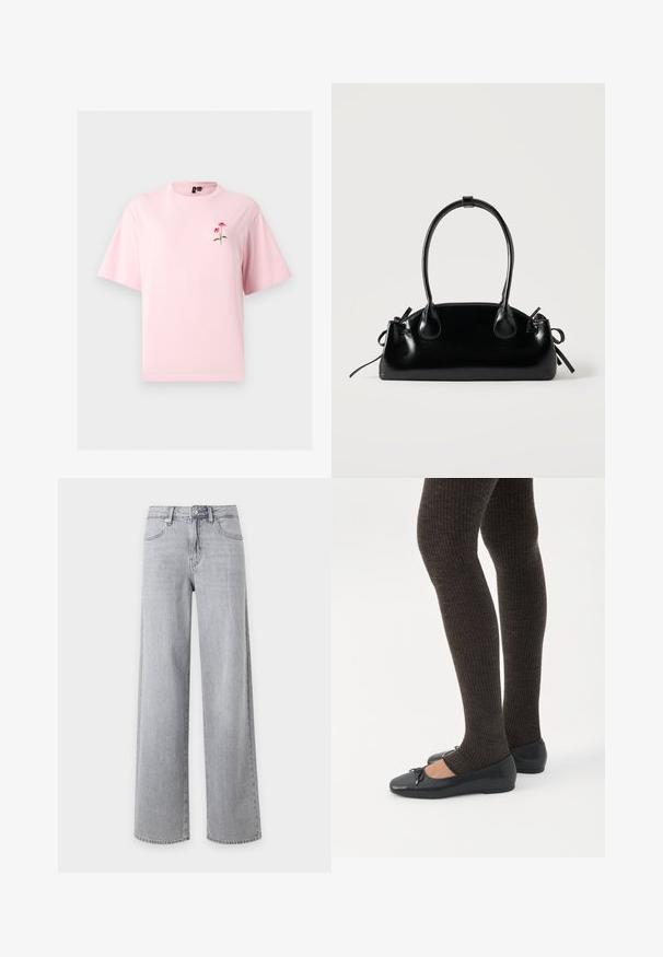 Ανοιχτό ροζ κοντομάνικη μπλούζα με μικρό κόκκινο λουλούδι και πράσινα φύλλα κεντημένα στο αριστερό στήθος.; Ανοιχτό γκρι τζιν με φαρδιά παντελόνια, κουμπί και φερμουάρ στο μπροστινό μέρος καθώς και μπροστινές τσέπες, σε απλό λευκό φόντο.; Πόδια με σκουρόχρωμα ριμπ κολάν συνδυασμένα με μαύρα μπαλαρίνα παπούτσια με μικρές λεπτομέρειες φιόγκων σε λευκό φόντο.; Μικρή μαύρη γυαλιστερή τσάντα με δύο μακριές λαβές και λεπτομέρειες με ρυθμιζόμενο κορδόνι στο πλάι σε απλό ανοιχτό φόντο.