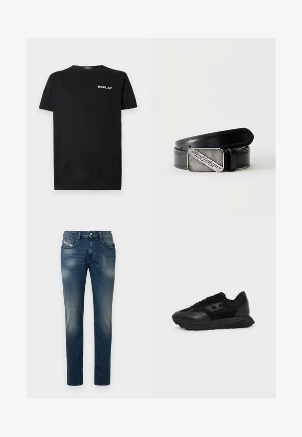 Zwarte katoenen T-shirt met korte mouwen en ronde hals, met een witte "REPLAY" logo op de linkerborst. Glad textuur.; Donkerblauwe spijkerbroek met een vervaagde wassing, recht model en een licht beschadigde knie. Voorzien van voorzakken en een metalen knoopsluiting.; Zwarte lage sneaker met een gestructureerde zool, mesh en leren bovenwerk, veters aan de voorkant en een klein reliëflogo op het zijpaneel.; Zwarte leren riem met rechthoekige zilverkleurige gesp met daarin de gegraveerde tekst "Diesel Industry Denim Division" op een licht gestreepte achtergrond.