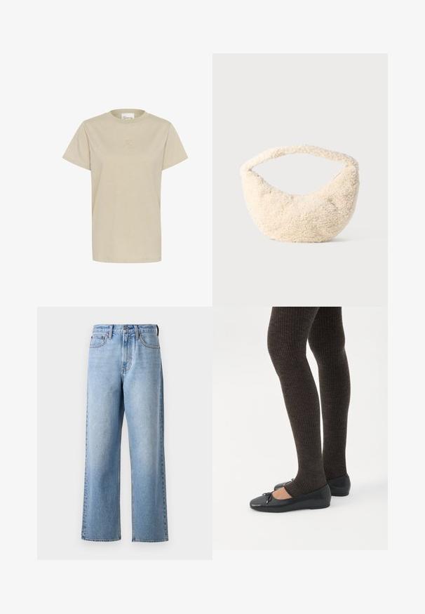 Lys beige T-shirt med korte ærmer lavet af blødt stof. Den har en rund hals og et diskret præget logo på brystet.; Lys blå denim jeans med lige ben-design, der har en knaplukning, bæltestropper og subtil aftoning i stofstrukturen.; Ben iført mørke ribbede leggings kombineret med sorte balletsko med små sløjfedetaljer på hvid baggrund.; Cremefarvet taske med en blød, fluffy tekstur. Buet form og en bred rem til at bære. Simpelt design, ingen synlige hardware eller accenter.