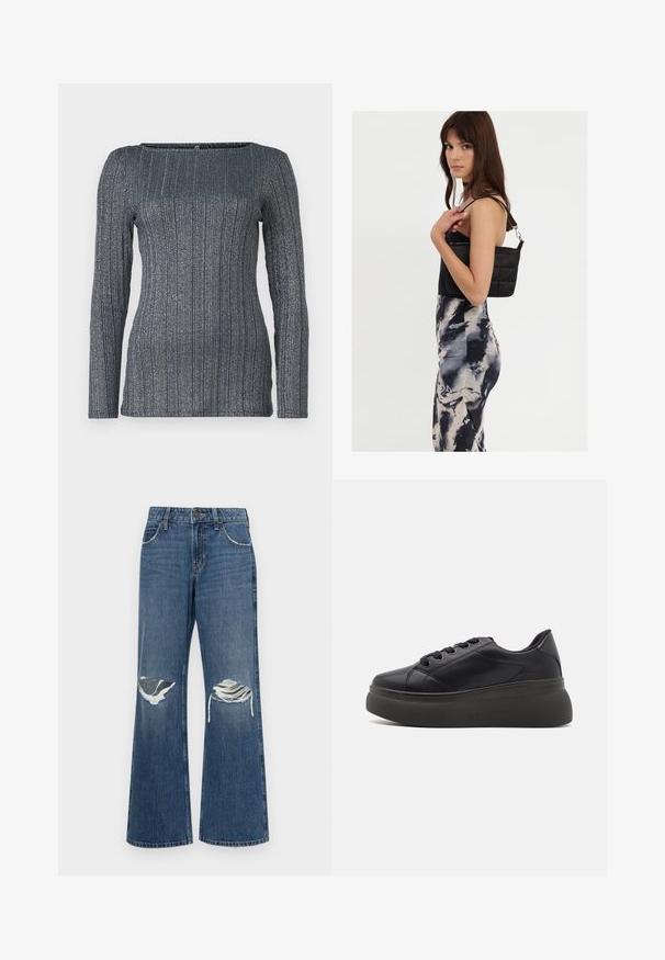 Pitkähihainen, slim fit -paita tummansinisellä värillä, jossa on pystysuuntainen ribbitekstuurisuus ja hienovaraiset metallilangat. Neliömäinen kaula-aukko. Pehmeä, joustava kangas.; Kapelet farkku leveät farkut keskisinisessä värissä, joissa on kuluneet polvien reiät, raakoja helmareunoja ja klassinen viiden taskun muotoilu metallinappikiinnityksellä.; Musta lenkkari, jossa on sileä, synteettinen päällinen, pyöreät varpaat ja kuusi reikää nauhoille. Varustettu paksulla, teksturoidulla pohjalla, joka tarjoaa pitoa ja tukea.; Musta tikattu olkalaukku, jossa on yksi hihna ja hopeiset yksityiskohdat, yhdistetty istuvaan krakleerauskuosiseksi mekkoon mustan ja kerman sävyissä.