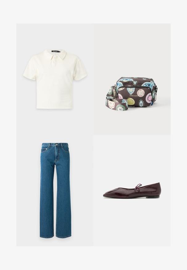 Polo blanc à manches courtes avec deux boutons et un col, présenté sur un fond clair uni.; Jean large en denim bleu moyen, avec une taille haute, cinq poches et une couture contrastante sur les coutures. Tissu texturé.; Ballerines en cuir verni bordeaux avec un bout pointu et un nœud décoratif violet sur le cou-de-pied ; design à semelle plate.; Sac bandoulière avec motifs ovales colorés sur fond sombre, poche avant zippée et bandoulière réglable, marqué "STINE GOYA" en lettres dorées.