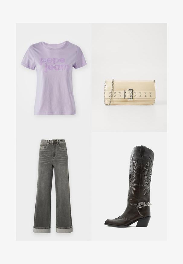 Lila lyhythihainen t-paita, joka on valmistettu puuvillasta. Edessä on ''pepe jeans'' tekstuurilla komistettuna violetilla kirjailulla. Hieno kankaan pinta.; Harmaat leveälahkeiset farkut, joissa on korkea vyötärö, viisi taskua ja käännetyt lahkeet. Kangas on hieman kulunut ja siinä on näkyvät saumat.; Musta nahkainen cowboy-saapas koristeellisilla leikkauksilla, hopeisella soljella ja vinolla korolla, valkoisella taustalla esitetty.; Beige laukku olkalaukku, jossa on leveä vyö, jossa hopeiset reiät ja solki, sekä hopeaketjuvaljaat, taustana valkoinen.