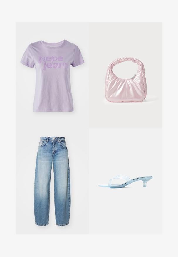 Lyslilla kortærmet t-shirt lavet af bomuld, med "pepe jeans" i struktureret lilla bogstaver på fronten. Glat stoffinish.; Lyseblå vidde jeans med en falmet finish, fem lommer og en knap lukning. Stoffet er denim med klassiske syninger og en afslappet pasform.; Klar sandal med lav hæl, gennemsigtige remme og en slank, let buet hæl på en hvid baggrund.; Rosa, polstret håndtaske med afrundet design, lavet af skinnende materiale. Har et samlet håndtag og en lynlås til sikker adgang.