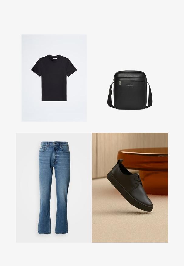 Schwarzes T-Shirt mit kurzen Ärmeln und Rundhalsausschnitt mit kleinem tonalem Logo auf der linken Brust und weißem Markenetikett im Kragen.; Hellblaue Denim-Jeans mit geradem Schnitt und leicht ausgestelltem Bein. Verfügt über fünf Taschen, einen Knopfverschluss und dezente Waschungseffekte.; Schwarzer Freizeit-Sneaker aus Leder mit Schnürsenkeln, schwebt über einem beigen Teppich, im Hintergrund ein bernsteinfarbenes, rundes Glastisch.; Schwarze Calvin Klein texturierte Leder-Umhängetasche mit verstellbarem Riemen und vorderer Reißverschlusstasche.