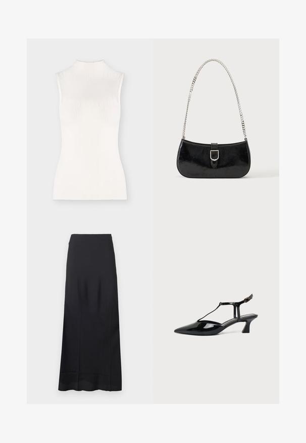 Haut blanc en maille côtelée sans manches avec un col montant et une silhouette ajustée.; Jupe noire longue jusqu'au sol en tissu lisse ; présente un design épuré et profilé sans motifs ni ornements supplémentaires.; Chaussure slingback en cuir verni noir à bout pointu avec bride en T et petit talon bloc incliné sur fond blanc.; Sac à épaule en cuir verni noir avec détail de boucle argentée et bandoulière en chaîne argentée, présenté sur un fond uni clair.