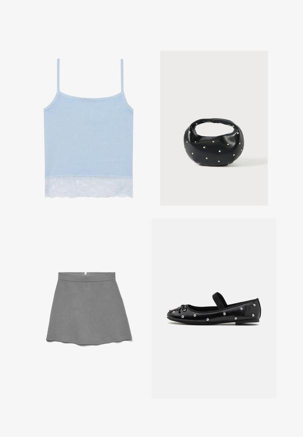 Camiseta sin mangas azul hecha de una tela suave con tirantes finos, que presenta un borde de encaje blanco en la parte inferior. Diseño simple y clásico sin acentos adicionales.; Falda gris hecha de tela suave, con cintura alta, forma acampanada y una cremallera oculta en la parte trasera.; Zapato plano de cuero negro con punta redonda, tachuelas decorativas plateadas y una correa elástica. Presenta una textura lisa y un tacón bajo.; Bolso de mano de cuero negro con forma redondeada, decorado con detalles de tachuelas plateadas y un asa corta. Textura lisa y cierre con cremallera.