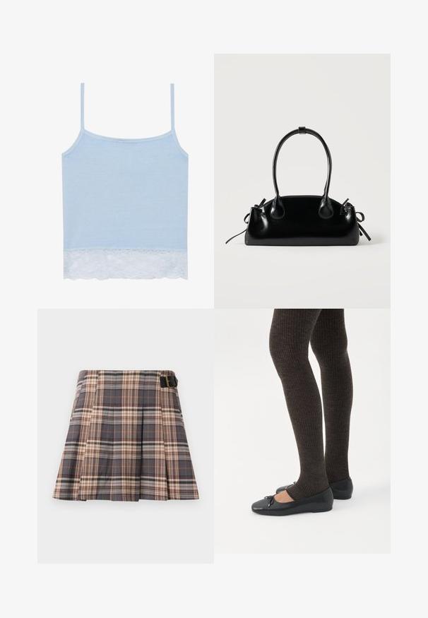 Blaues Tanktop aus weichem Stoff mit dünnen Trägern, verziert mit einem weißen Spitzenrand am Saum. Einfaches, klassisches Design ohne zusätzliche Akzente.; Karierter Rock in Grau, Beige und Rostfarben; mit Falten, einem Schnallendetail und einem strukturierten Design. Hergestellt aus einem gewebten Stoff.; Beine in dunklen, gerippten Leggings kombiniert mit schwarzen Ballerinas mit kleinen Schleifendetails auf weißem Hintergrund.; Kleine schwarze glänzende Handtasche mit zwei langen Griffen und seitlichen Kordelzug-Details vor einfachem hellem Hintergrund.