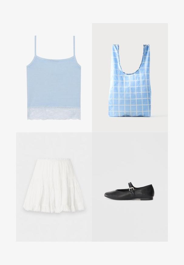 Camiseta sin mangas azul hecha de una tela suave con tirantes finos, que presenta un borde de encaje blanco en la parte inferior. Diseño simple y clásico sin acentos adicionales.; Falda blanca de capas con cinturilla elástica y borde con volantes, confeccionada en tela ligera.; Zapato plano Mary Jane de cuero negro con puntera redondeada, correa ajustable y pequeño detalle de hebilla plateada, con un tacón bajo y acabado suave.; Bolsa de la compra reutilizable azul con patrón de rejilla blanca, de pie sobre un fondo claro y liso.