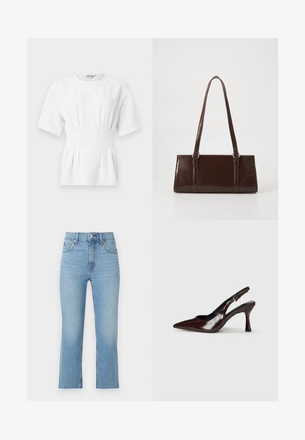 Haut blanc ajusté à manches courtes avec des plis latéraux froncés et un col rond.; Jean en denim bleu clair avec coupe droite, fermeture par boutons à l'avant, passants de ceinture et cinq poches sur un fond blanc uni.; Talons slingback en cuir verni brun avec un bout pointu, un talon fin, et une sangle réglable avec une petite boucle.; Sac à main en cuir verni marron de forme rectangulaire, avec deux longues poignées et des accents courbés subtils à l'avant.