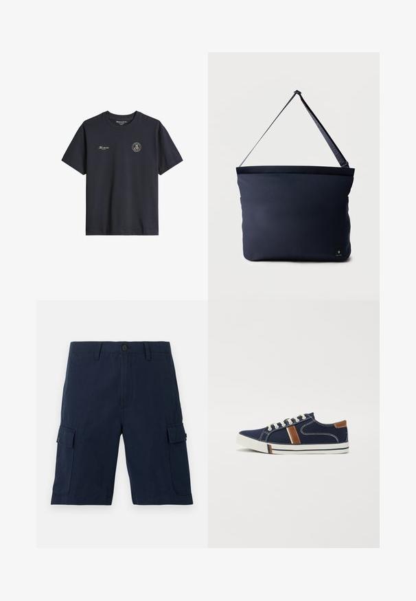 Μαύρο κοντομάνικο t-shirt Marc O'Polo με στρογγυλή λαιμόκοψη, μικρό λογότυπο στο αριστερό μέρος του στήθους και κείμενο "Tis on us. Since 1967" στο δεξί μέρος του στήθους.; Σκούρα μπλε cargo σορτς με κούμπωμα στο μπροστινό μέρος, θηλιές για ζώνη, πλαϊνές τσέπες με καπάκι και κουμπί, και ίσιο τελείωμα.; Ναυτικά καμβά sneakers με λευκό κορδόνι κλεισίματος, καφέ λεπτομέρειες και πλευρικές ρίγες. Διαθέτουν ελαστική σόλα και αντίθετη ραφή.; Μπλε ναυτικό ορθογώνιο τσάντα ώμου με ρυθμιζόμενο μαύρο ιμάντα και μικρό μαύρο λογότυπο στο κάτω δεξί άκρο.
