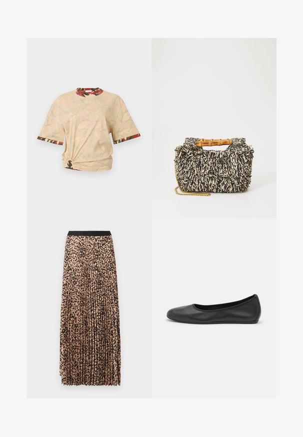 Rabanne Trükipildiga T-särk - beige/kaki/brique/noir; Volangidega maxi-seelik beežikas toonis musta leopardimustriga. Omadusteks must vöökoht, pehme tekstuur ja voolav disain.; Musthave mustika tantsutossud mustast nahast, ümmarguse varbaga, siledast tekstuurist, minimaalse õmblusdetailiga ja paindliku tallakujundusega.; Kootud kott, millel on tekstuuriga must ja kreemikas mustrit, bambusest käepide ja eemaldatav kuldne ketitrahm. Kompaktne ristkülikukujuline kuju.