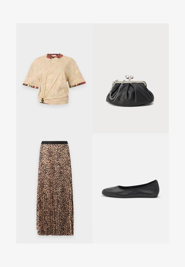Rabanne T-shirt print - beige/kaki/brique/noir; Plissé maxirok in beige met zwarte luipaardprint. Voorzien van een zwarte tailleband, zachte textuur en vloeiend ontwerp.; Zwarte leren ballerina met een ronde neus, gladde textuur, minimale stikdetails en een flexibele zoolontwerp.; Zwarte leren clutch met geplooide textuur, zilverkleurig metalen frame, drukknopsluiting en kettingriem. Glad, zacht oppervlak.