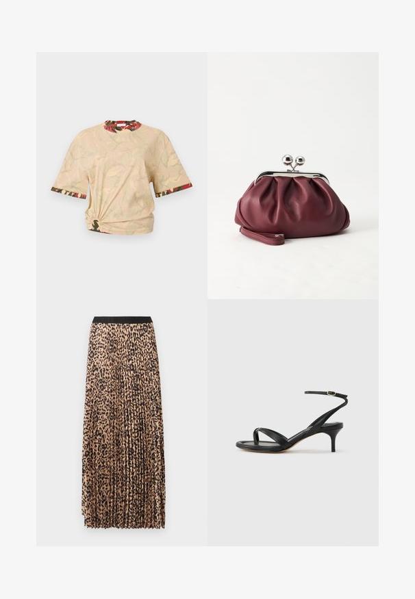 Rabanne T-shirt imprimé - beige/kaki/brique/noir; Jupe longue plissée beige à imprimé léopard noir. Elle présente une ceinture noire, une texture douce et une coupe fluide.; Sandale pour femme en cuir noir avec fines lanières, une boucle d'orteil, une boucle à la cheville et un talon aiguille de hauteur moyenne sur un fond neutre.; Petit sac pochette en cuir bordeaux avec fermoir métallique argenté et bracelet sur fond blanc.