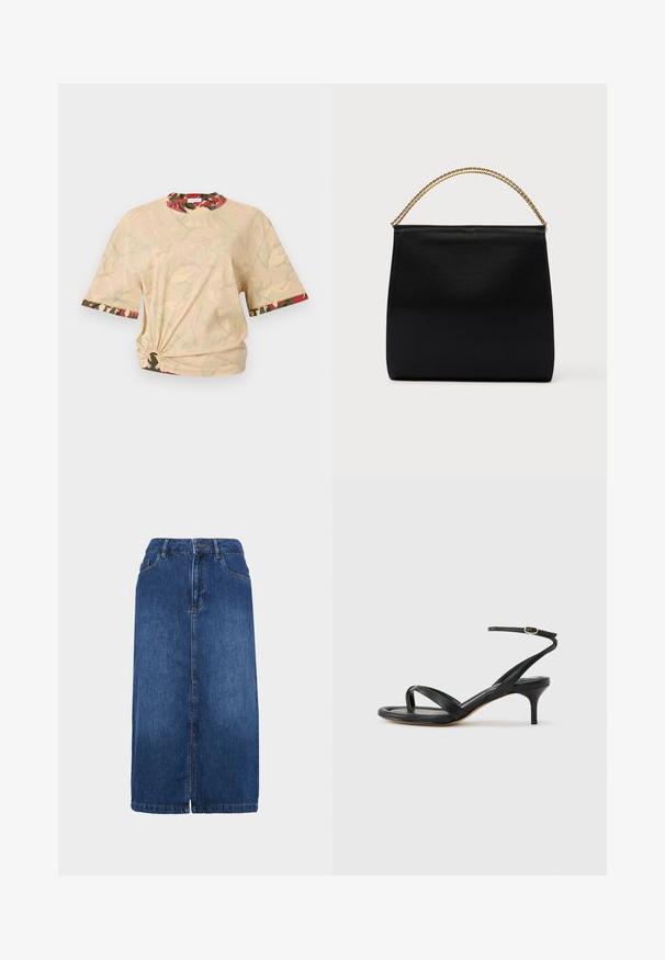 Rabanne T-shirts print - beige/kaki/brique/noir; Denim nederdel i mørkeblå med lige snit, midt-længde, frontlukning med knapper og subtile stikninger. Kantene er let flossede.; Sort damesandal i læder med tynde remme, en tå-loop, ankelspænde og en mellemhøj stiletthæl på en neutral baggrund.; Sort taske lavet af glat stof, med en struktureret form, et håndtag med guld kæde og et minimalistisk geometrisk design.