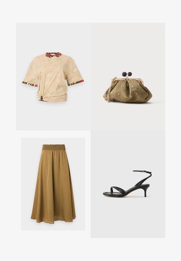 Rabanne Μπλουζάκι με στάμπα - beige/kaki/brique/noir; Καφέ midi φούστα σε γραμμή Α με συγκεντρωμένη ελαστική μέση και ελαφρύ υφασμάτινο ύφασμα με υφή, σε μονόχρωμο φόντο.; Γυναικεία μαύρη δερμάτινη σάνδαλα με λεπτές τιράντες, λουράκι για τα δάχτυλα, αγκράφα στον αστράγαλο και μεσαίου ύψους τακούνι στιλέτο σε ουδέτερο φόντο.; Μικρό τσαντάκι χειρός με γεωμετρικό σχέδιο σε χρυσό και μαύρο, πλαίσιο από μεταλλικό χρυσό, μαύρο κούμπωμα σε σχήμα μπάλας και κοντή χρυσή αλυσίδα.