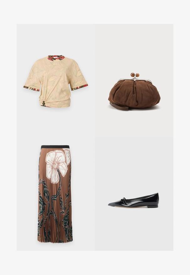 Rabanne Trükipildiga T-särk - beige/kaki/brique/noir; Pruun volditud midi seelik, millel on suur valge lillmuster ja tumerohelised abstraktsed varred, ning must vöökoht.; Must have musta musta tume patendiga naha korter king, millel on terav nina, väike dekoratiivne rihm ja madal plokknõel. Sile tekstuur ja elegantses disain.; Pehme pruun seemisnahast randmekott hõbedase metallraami ja ümmarguste pruuni kinnitusega kuulidega lihtsal heledal taustal.