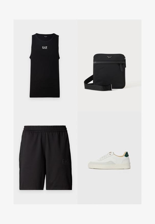Schwarzes ärmelloses Tanktop mit rundem Halsausschnitt. Besitzt ein weißes EA7 Emporio Armani-Logo auf der Brust. Hergestellt aus glattem Stoff.; Schwarze Sportshorts aus leichtem Material, mit elastischem Bund und seitlichen Netzpaneelen. Markenlogo auf der Vorderseite gedruckt.; Weiße Sneaker mit Wildlederelementen, runder Zehenpartie, flachen Schnürsenkeln und einer cremefarbenen Gummisohle. Mit grünen Markenlogo am Fersenbereich.; Schwarze quadratische Schultertasche mit Reißverschluss, Vordertasche und verstellbarem Riemen mit eingeprägtem Markennamen.