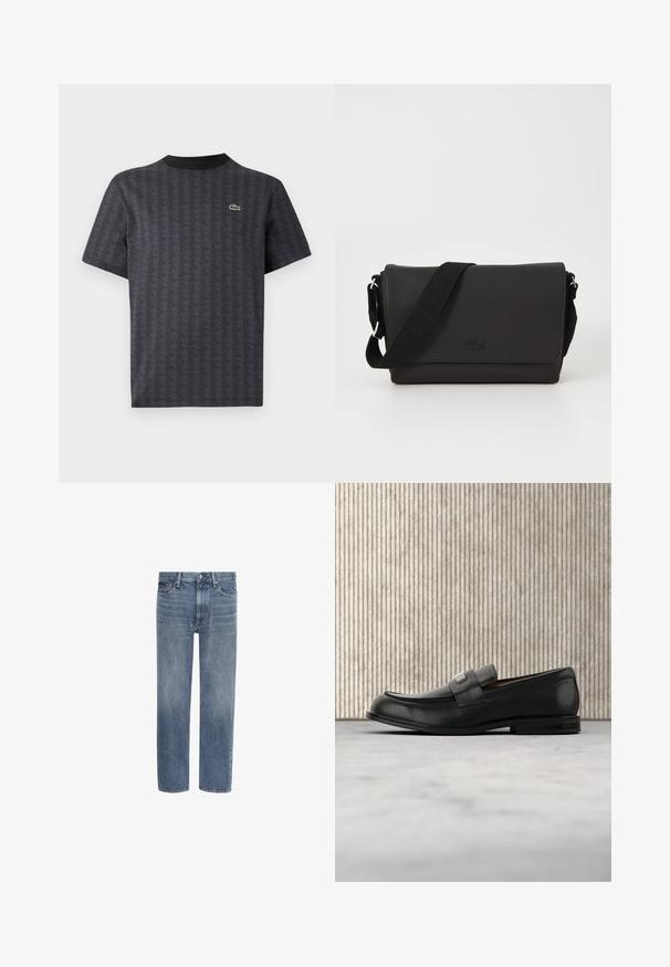 Sort kortærmet t-shirt med et geometrisk mønster og et grønt krokodille-logo, med en ensfarvet sort rund hals.; Blå straight-leg denim jeans med forlommer, bæltestropper og knaplukning.; Sort læderloafer med metalbrandskilt hvilende nær et brunt rundt bord på beige tæppe.; Lacoste MESSENGER BAG MEN CLASSIC - Skuldertasker - noir