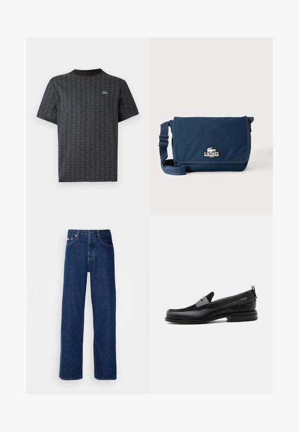 Sort kortærmet t-shirt med et geometrisk mønster og et grønt krokodille-logo, med en ensfarvet sort rund hals.; Mørkeblå denimjeans med et bredt ben-design, der har en knaplukning og klassisk fem-lomme styling. Stoffet har en glat tekstur.; Sort læderloafer med grå remdetalje, lav hæl og tekstureret sål, mærket med "HUGO" i guld på siden.; Marineblå Lacoste messenger taske med justerbar rem og logo på frontklap, sat mod en ensfarvet lys baggrund.