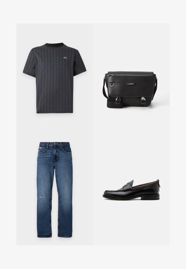 Sort kortærmet t-shirt med et geometrisk mønster og et grønt krokodille-logo, med en ensfarvet sort rund hals.; Blå denim jeans med lige ben design. Har slidte områder og let slitage på forsiden, med en klassisk knaplukning.; Sort læder herre loafer med moc-tå syning, penny strop, struktureret krave og lav stablet hæl på hvid baggrund.; Sort tekstureret Lacoste messengertaske med justerbar rem, frontklap, lynlås lomme og metalspænder.