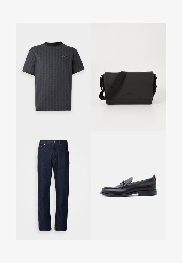 Sort kortærmet t-shirt med et geometrisk mønster og et grønt krokodille-logo, med en ensfarvet sort rund hals.; Mørkeblå denimjeans med lige ben, der har fem lommer, knaplukning og diskrete syninger.; Sort lædermokasin med grå tekstureret forfod, sølvfarvet metalspænde, lav hæl og trækflap bagpå.; Lacoste MESSENGER BAG MEN CLASSIC - Skuldertasker - noir