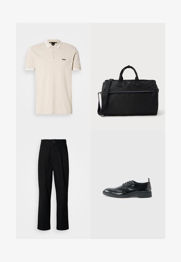 Beige poloshirt met een kraag, drie-knops knoopsluiting en geborduurd zwart logo op de linkerkant van de borst. Korte mouwen met witte accenten.; Zwarte rechte broek met een knoopsluiting, lusjes voor een riem en een voornaad, gepresenteerd tegen een effen witte achtergrond.; Glanzende zwarte lederen nette schoen met lage hak, vetersluiting en ronde neus, van opzij getoond tegen een effen lichte achtergrond.; Zwarte rechthoekige reistas met dubbele handgrepen, verstelbare schouderriem, voorzak met rits en klein "BOSS"-logo aan de voorkant.