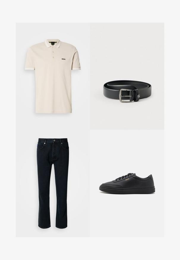 Beige poloshirt met een kraag, drie-knops knoopsluiting en geborduurd zwart logo op de linkerkant van de borst. Korte mouwen met witte accenten.; HUGO JONAH - Straight leg jeans - dark blue; Zwarte leren sneakers met een gladde textuur, ronde neus, platte rubberen zool en tonale veters. Kenmerkt zich door de gouden "BOSS" branding aan de zijkant.; Zwarte leren riem met een glanzende zilveren metalen gesp, gladde textuur en gestikte randen. Voorzien van een lus om het uiteinde van de riem vast te zetten.
