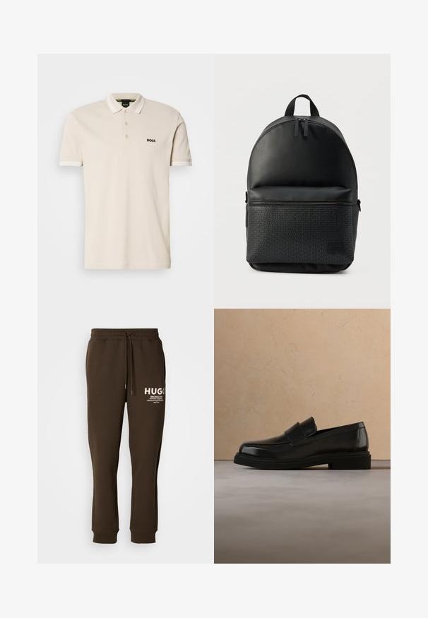 Camisa polo beige con cuello, tapeta de tres botones y logo negro bordado en el lado izquierdo del pecho. Mangas cortas con acentos blancos.; Pantalones de chándal marrones hechos de una tela suave, con una cinturilla elástica y un cordón, y detalles del logotipo en blanco en la parte delantera.; Mocasín de cuero negro flotando sobre una alfombra beige texturizada, con una mesa de centro redonda de madera y libros al fondo.; Mochila negra con parte superior redondeada, bolsillo frontal con cremallera con texto "HUGO" repetido en relieve y doble tirador de cremallera en el compartimento principal.