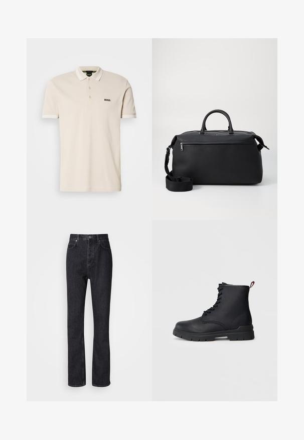 Camisa polo beige con cuello, tapeta de tres botones y logo negro bordado en el lado izquierdo del pecho. Mangas cortas con acentos blancos.; Jeans de mezclilla negros de cintura alta con cierre de botón y cremallera, bolsillos frontales y traseros, y corte recto.; Botín de cuero negro hasta el tobillo con cordones en la parte frontal, suela de goma gruesa y tirador rojo en el talón, mostrado sobre un fondo claro y liso.; Bolsa de viaje de cuero negro con dos asas superiores, una correa de hombro desmontable y un bolsillo frontal con cremallera para almacenamiento adicional.