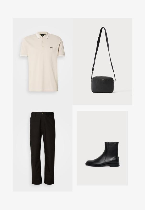 Beige polo särk kaelusega, kolme nööbiga plaaniga ja tikkitud musta logoga vasakul rinnal. Lühikesed varrukad valgete aktsentidega.; Mustad puuvillased püksid sirge lõikega, vöökohaga, esi tõmblukuga ja ühe nupuga sulgemisega. Sile tekstuur, ilma nähtavate mustriteta.; Mustast siledast nahast pahkluu saabas madala kontsaga ja külgse tõmblukuga, peal Hugo silt lähedal ülaäärele.; Must ristkülikukujuline risti kandmise kott reguleeritava rihmaga ja ees BOSS logo, ühetoonilise heleda tausta ees.