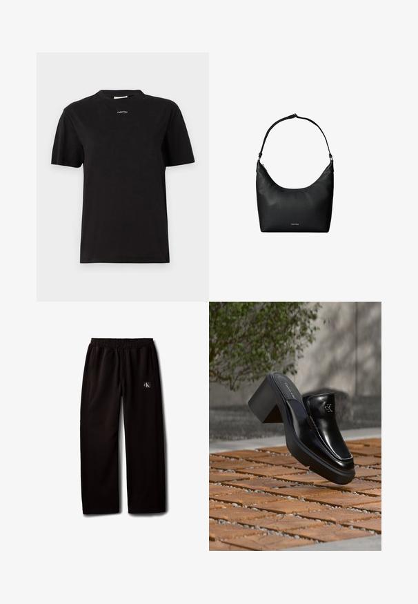 T-shirt noir en coton à manches courtes, col rond, arborant un petit logo blanc "Calvin Klein" positionné au centre de la poitrine.; Pantalon noir à jambes larges avec taille élastique et poches latérales, avec un petit patch logo Calvin Klein sur la cuisse droite.; Mule slip-on en cuir noir Calvin Klein avec talon bloc reposant sur des carreaux en bois à l'extérieur près d'une plante verte et d'un mur gris.; Sac à bandoulière en cuir noir texturé avec une sangle unique et un petit logo Calvin Klein au centre avant.