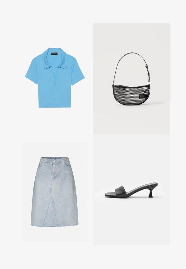 Lys blå polo shirt med klassisk krave, korte ærmer og dyb v-hals. Har en ribbet tekstur og lige kant.; Lys blå denimnederdel med en tætsiddende talje, A-formet facon og skrå paneldetaljer. Har en lukning med knap og lynlås foran.; Sorte hæle mules med en glat, mat læderoverdel, åben tå, bred rem over vristen og slank, firkantet hæl.; Sort mesh halvmåne håndtaske med en kort justerbar læderrem og lynlåslukning på en ensartet lys baggrund.